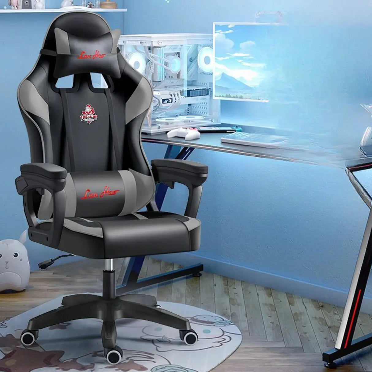 Adjustable Blue-White Leather Headrest Gaming Office Chair Image - 10