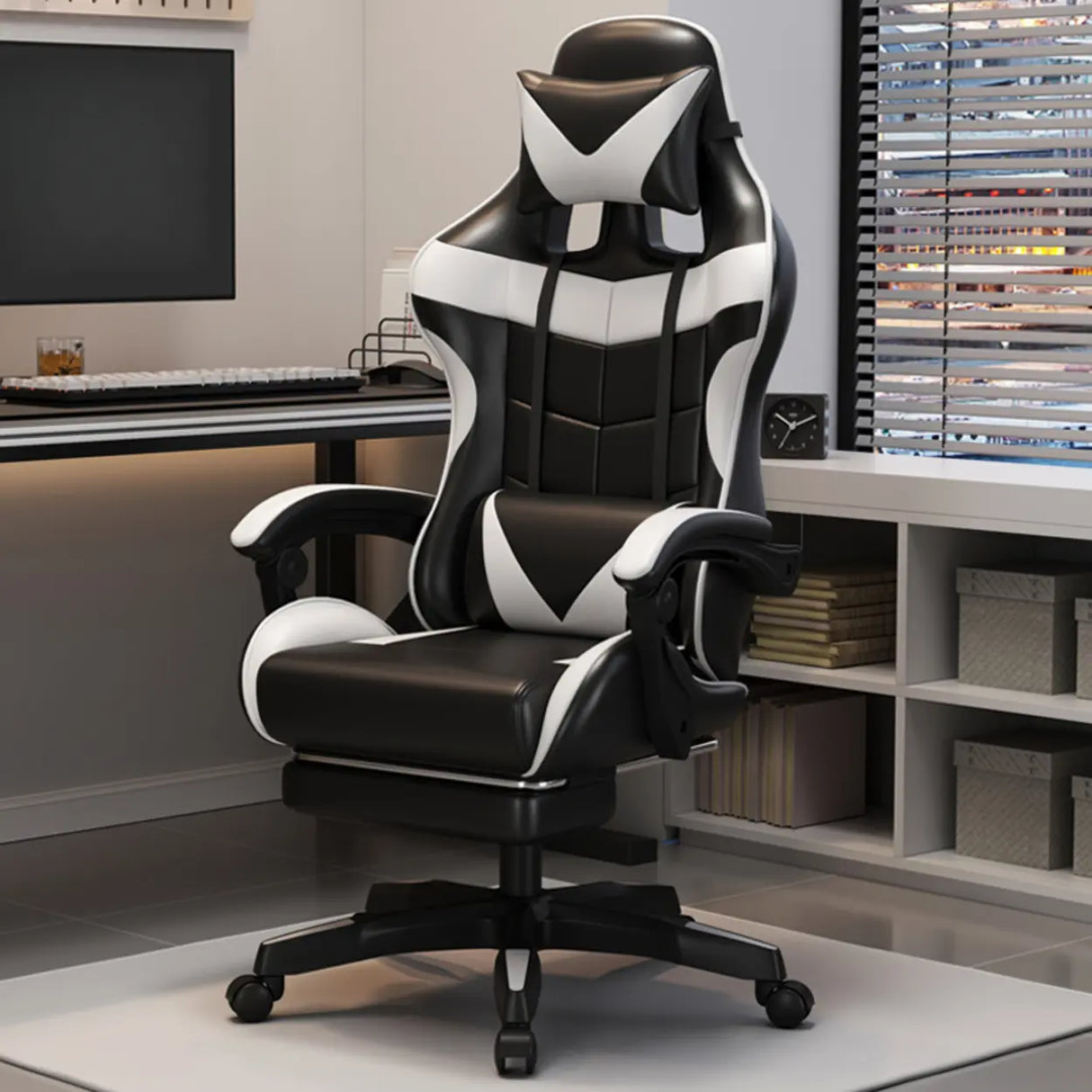 Adjustable Blue-White Leather Headrest Gaming Office Chair Image - 12
