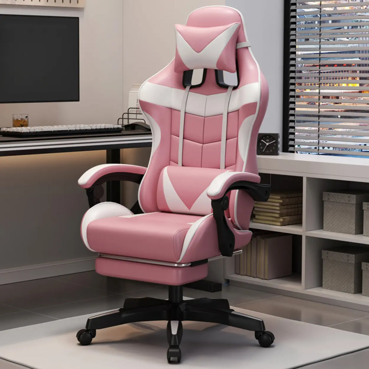 Adjustable Blue-White Leather Headrest Gaming Office Chair Image - 13