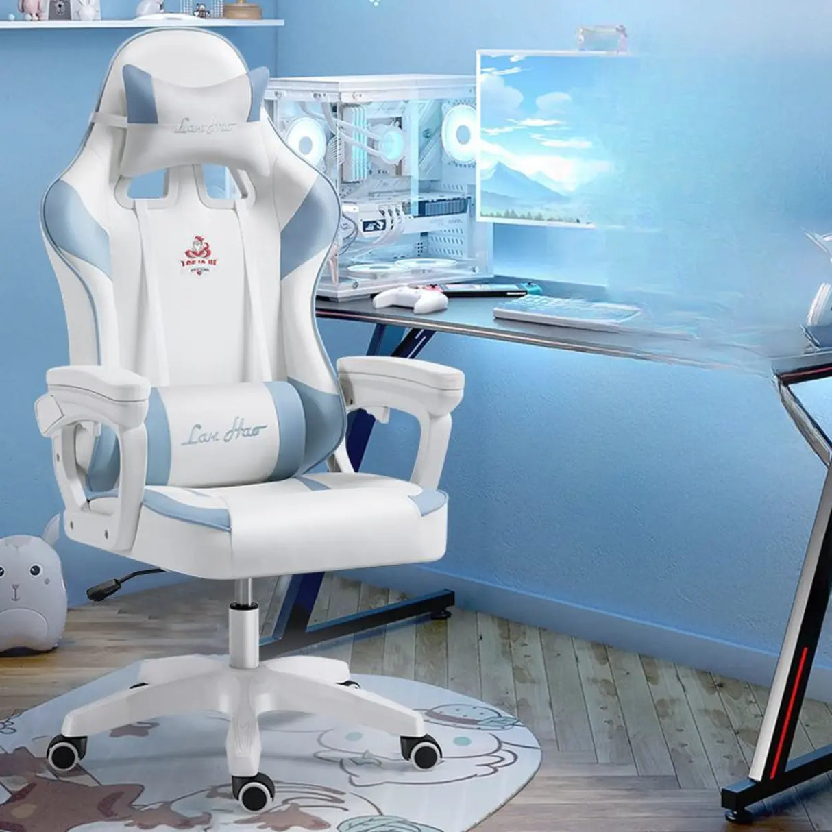 Adjustable Blue-White Leather Headrest Gaming Office Chair Image - 14