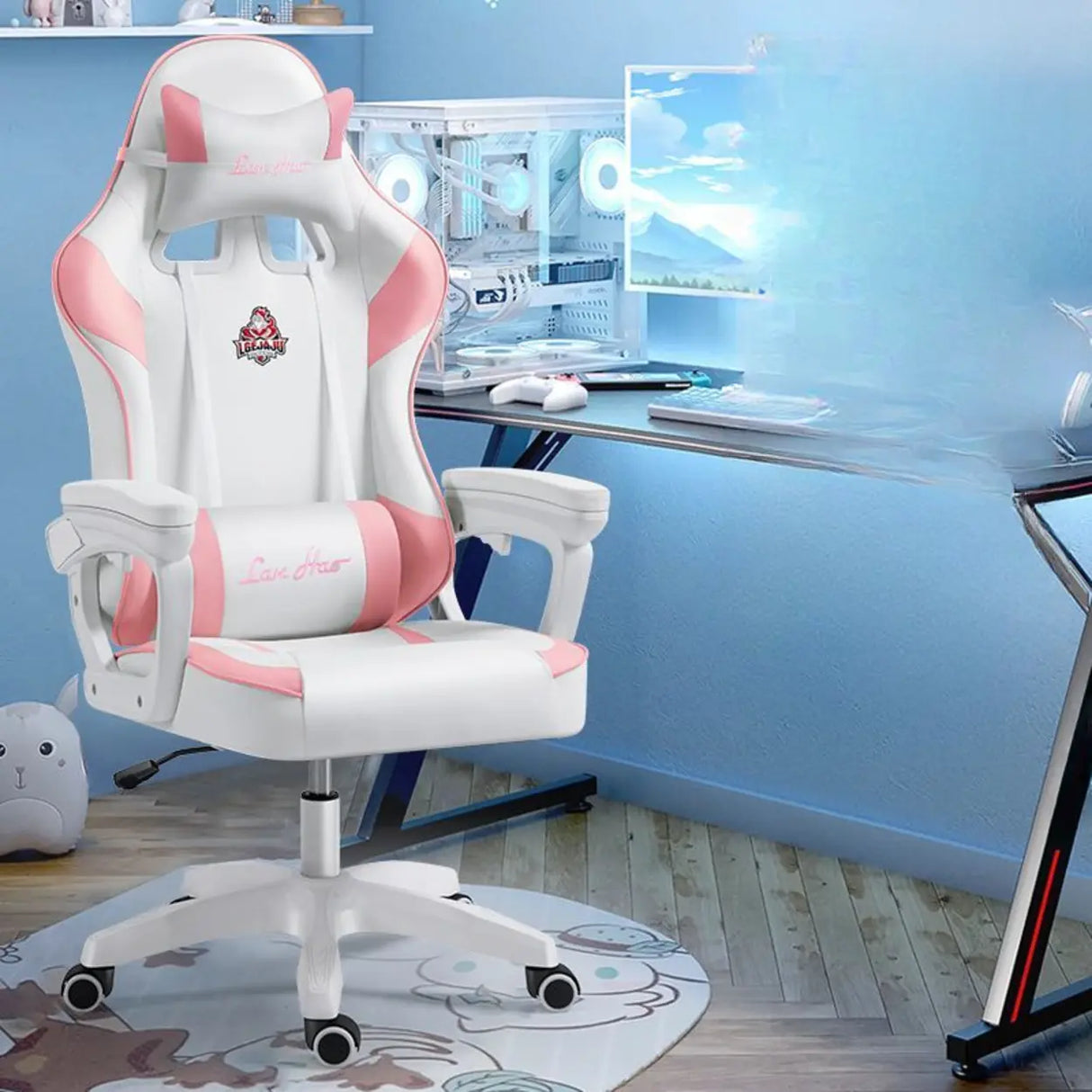 Adjustable Blue-White Leather Headrest Gaming Office Chair Image - 16
