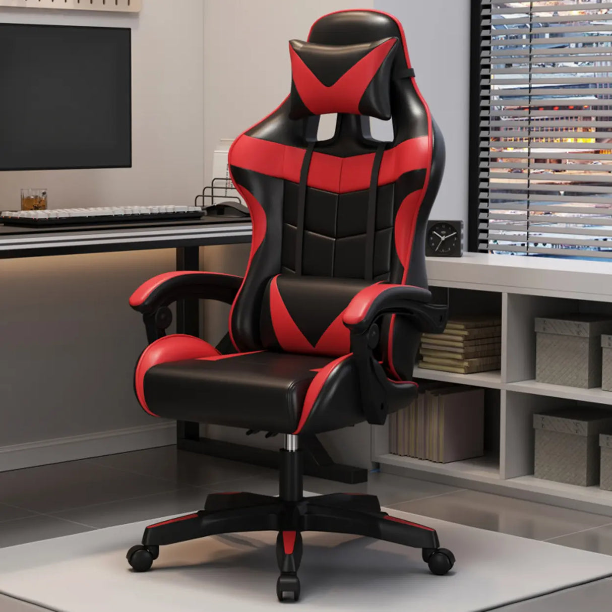 Adjustable Blue-White Leather Headrest Gaming Office Chair Image - 2