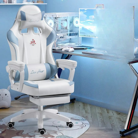 Adjustable Blue-White Leather Headrest Gaming Office Chair Image - 18