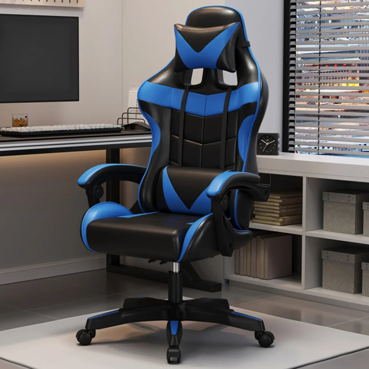 Adjustable Blue-White Leather Headrest Gaming Office Chair Image - 3