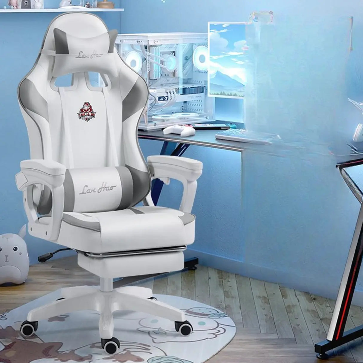 Adjustable Blue-White Leather Headrest Gaming Office Chair Image - 19