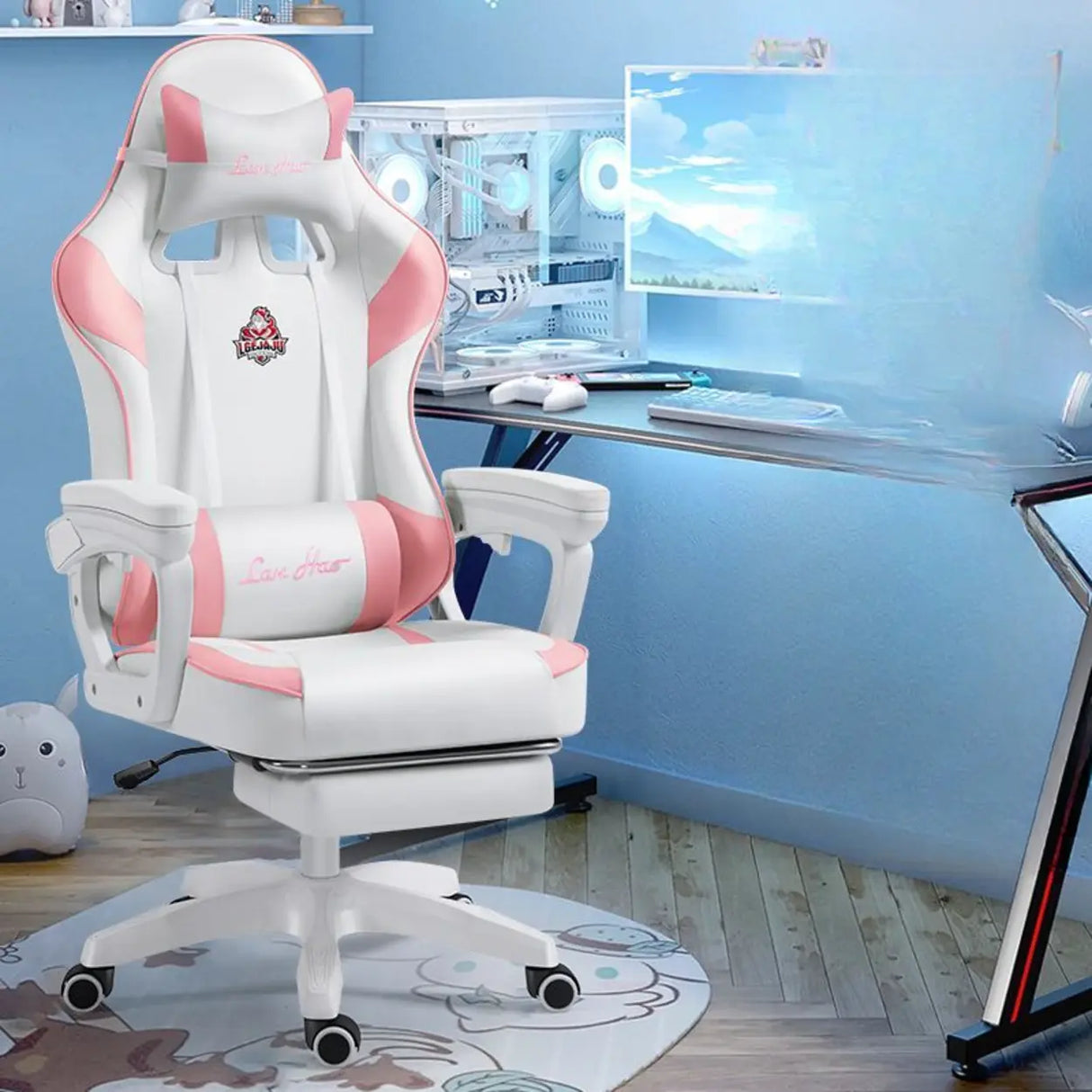 Adjustable Blue-White Leather Headrest Gaming Office Chair Image - 20