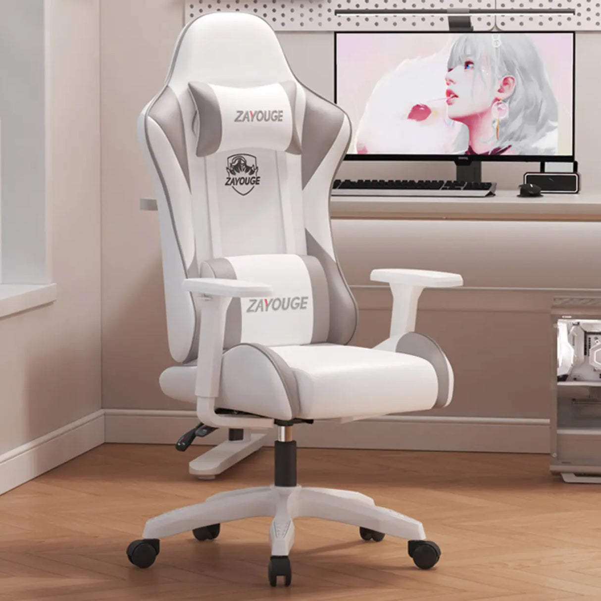 Adjustable Blue-White Leather Headrest Gaming Office Chair Image - 21