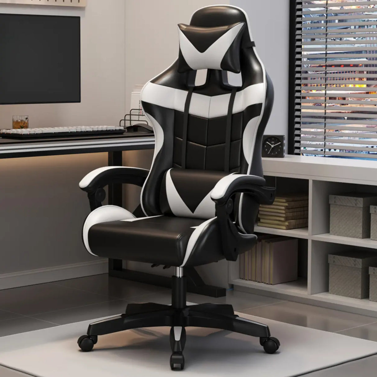 Adjustable Blue-White Leather Headrest Gaming Office Chair Image - 6