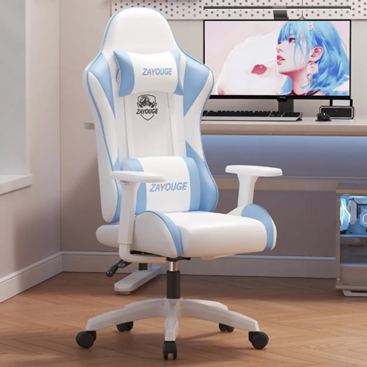 Adjustable Blue-White Leather Headrest Gaming Office Chair Image - 22