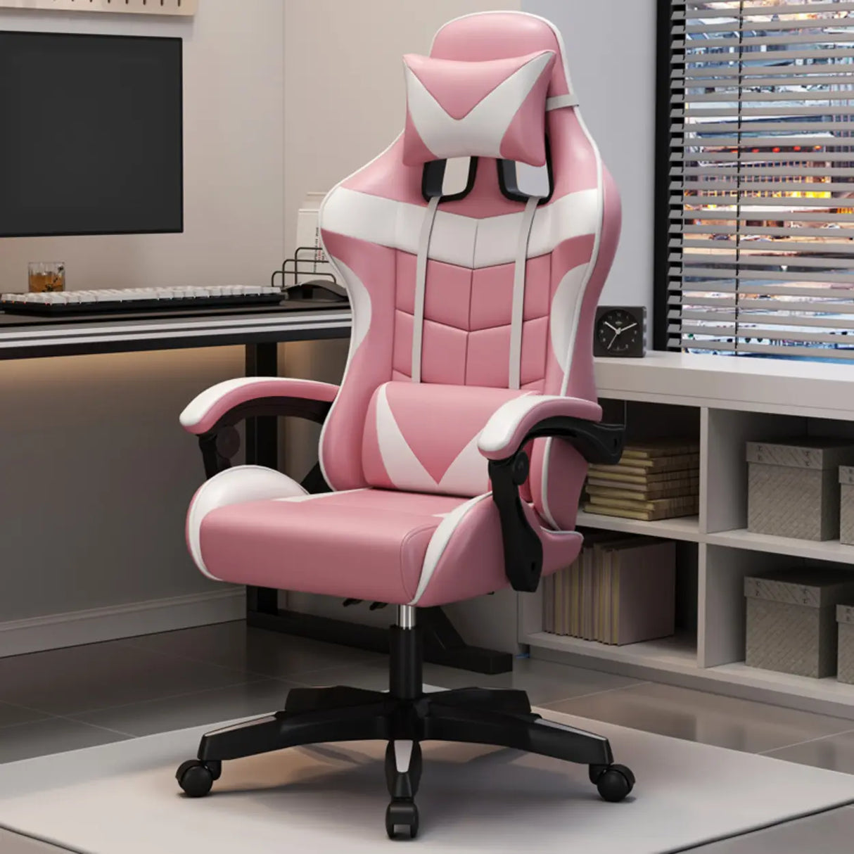 Adjustable Blue-White Leather Headrest Gaming Office Chair Image - 7