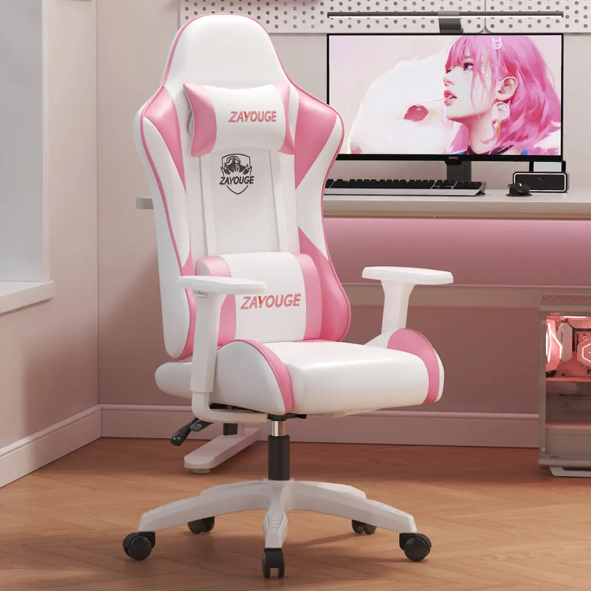 Adjustable Blue-White Leather Headrest Gaming Office Chair Image - 23