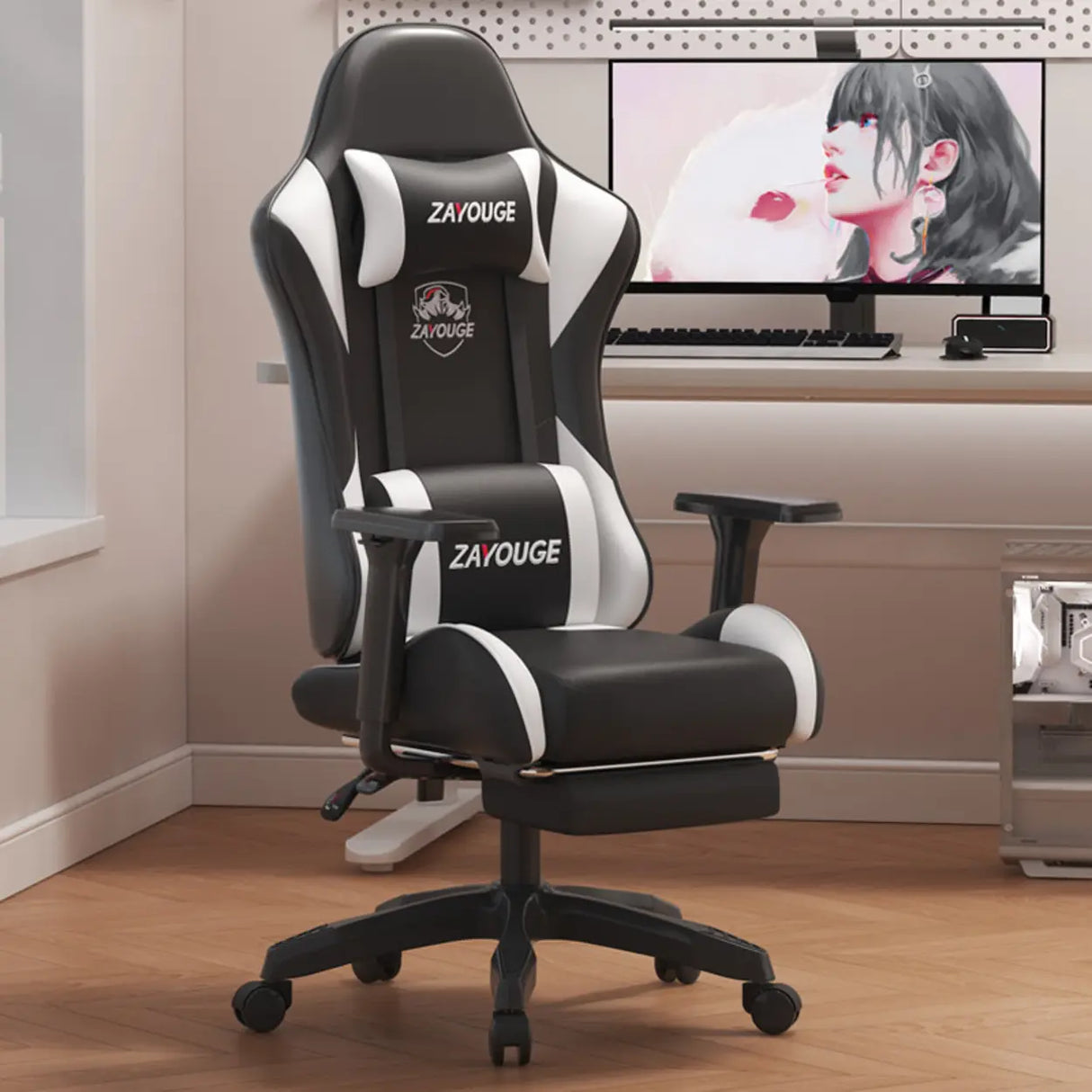 Adjustable Blue-White Leather Headrest Gaming Office Chair Image - 24