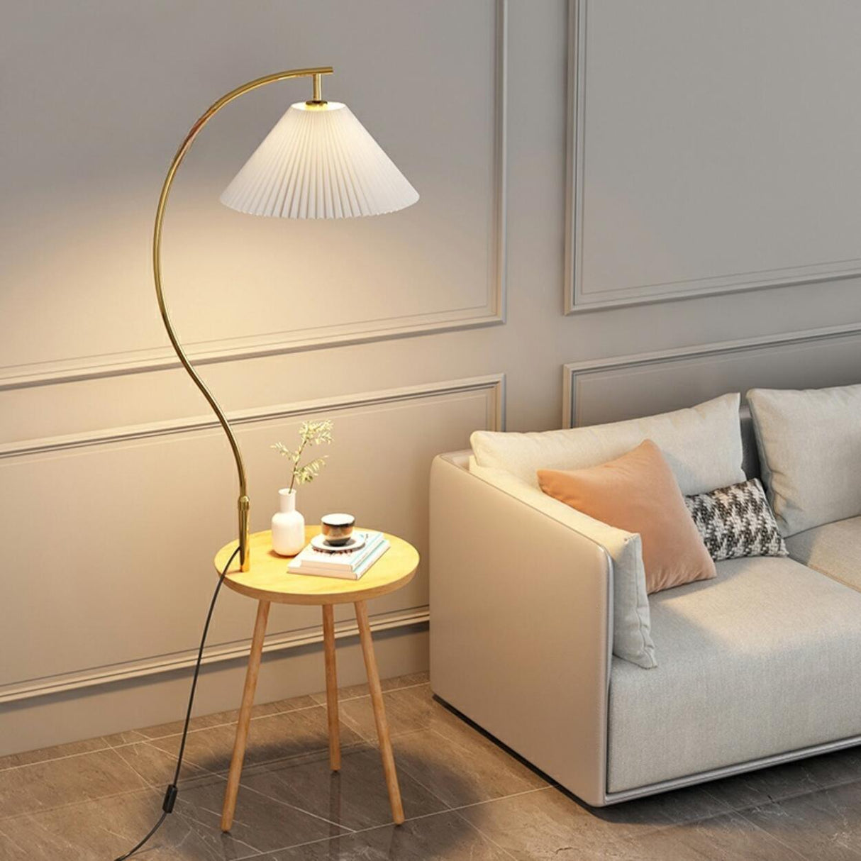 Adjustable Cone Curved Gold Floor Lamp with Storage Image - 1