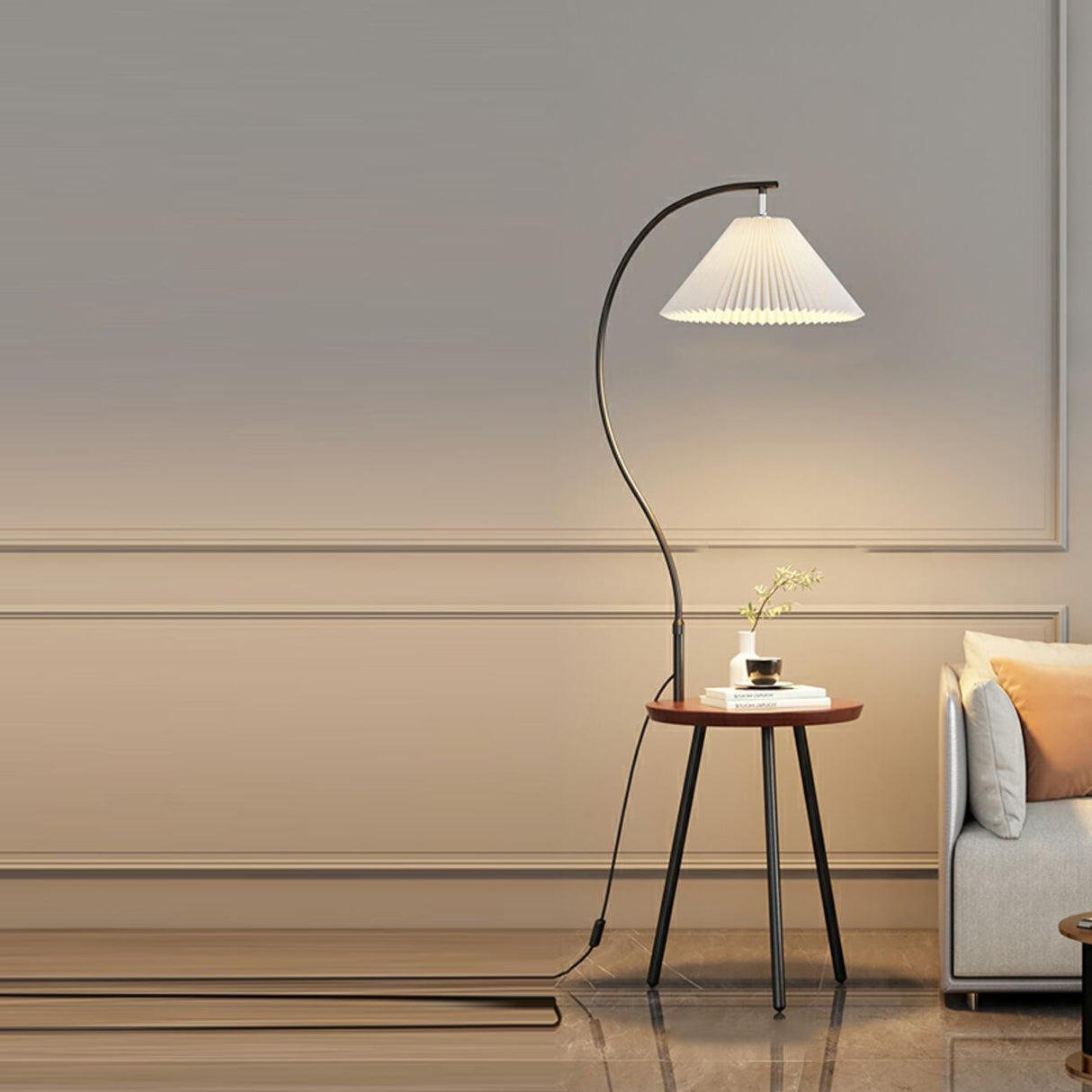 Adjustable Cone Curved Gold Floor Lamp with Storage Image - 2
