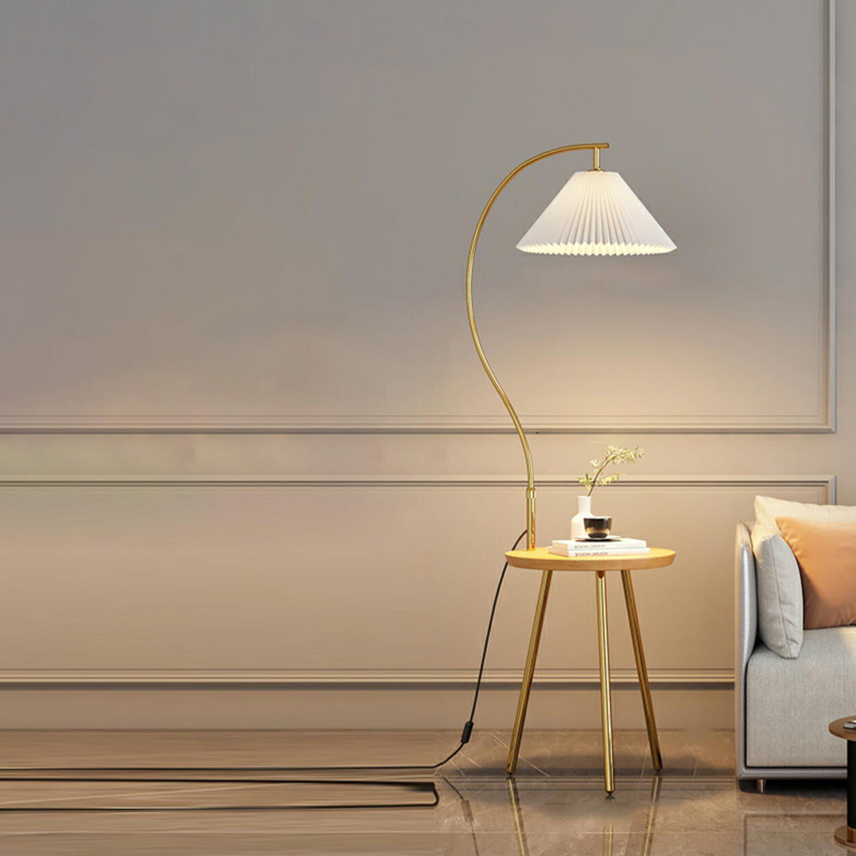 Adjustable Cone Curved Gold Floor Lamp with Storage Image - 3