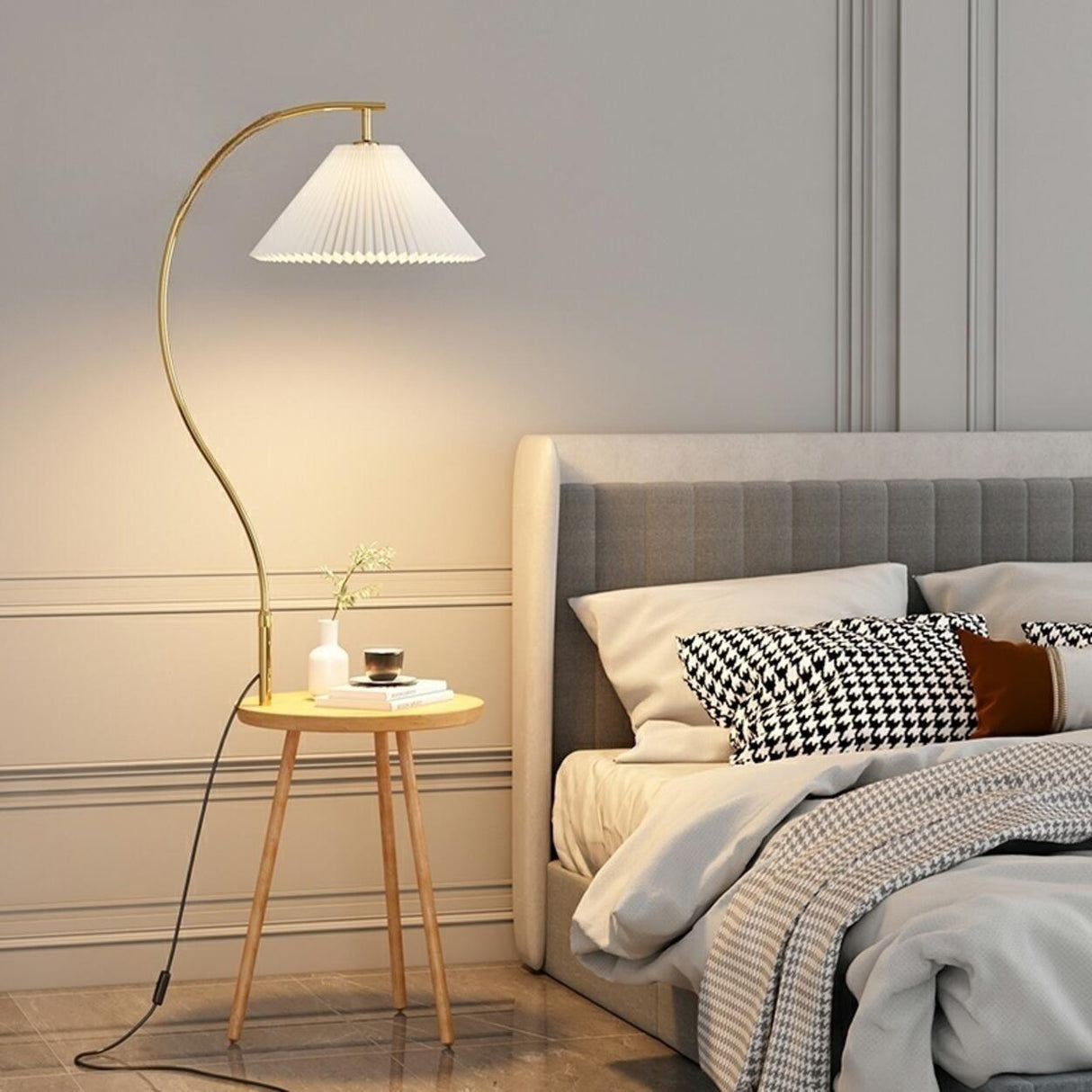 Adjustable Cone Curved Gold Floor Lamp with Storage Image - 4