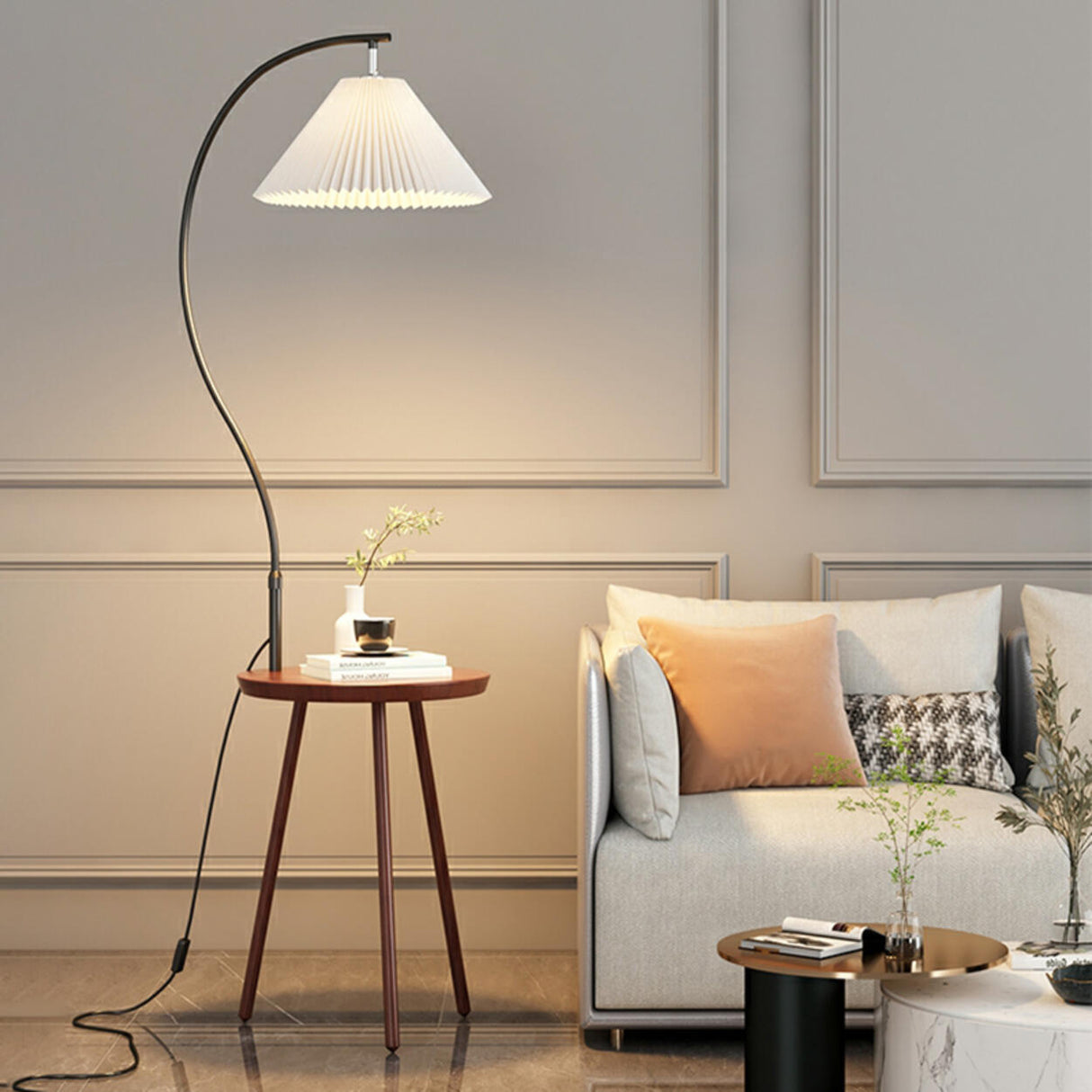 Adjustable Cone Curved Gold Floor Lamp with Storage Image - 5