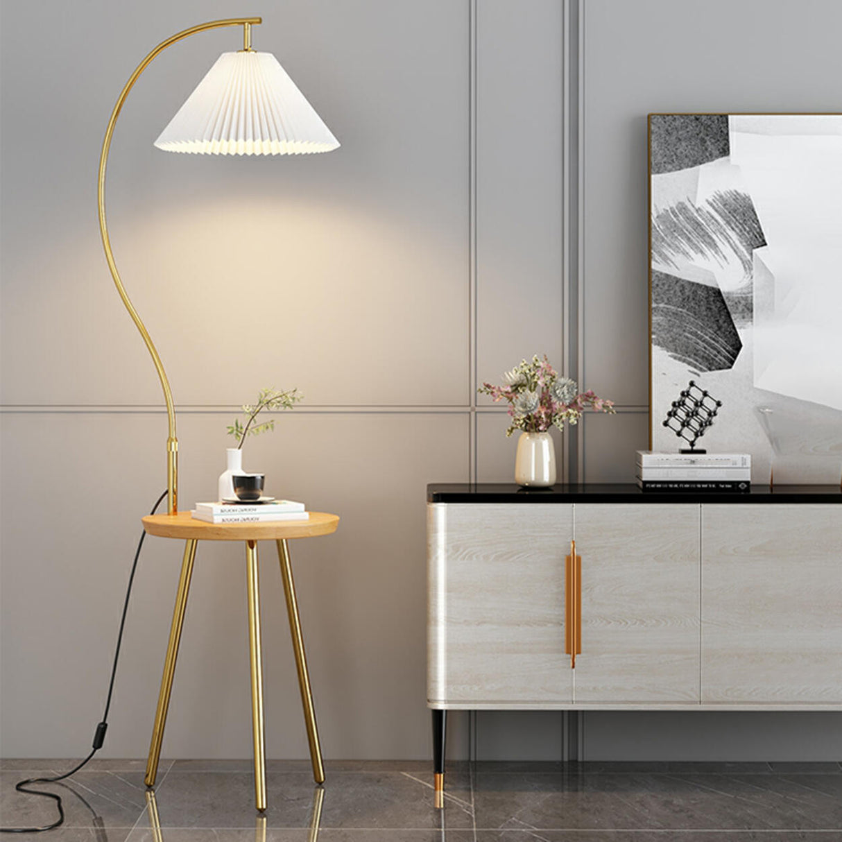 Adjustable Cone Curved Gold Floor Lamp with Storage Image - 6