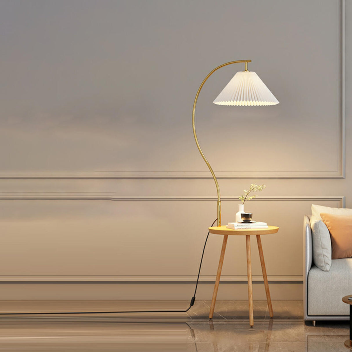 Adjustable Cone Curved Gold Floor Lamp with Storage Image - 7