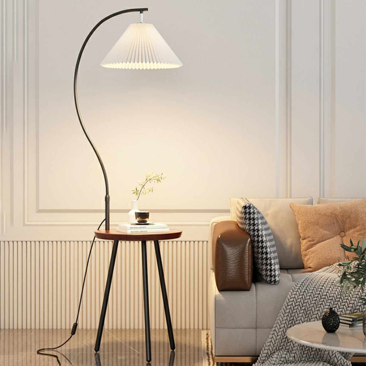 Adjustable Cone Curved Gold Floor Lamp with Storage Image - 8