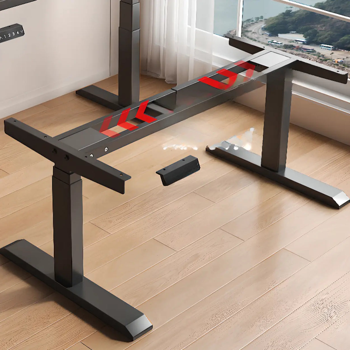 Adjustable Dark Walnut-Black Wood T-Shape Computer Desk Image - 9