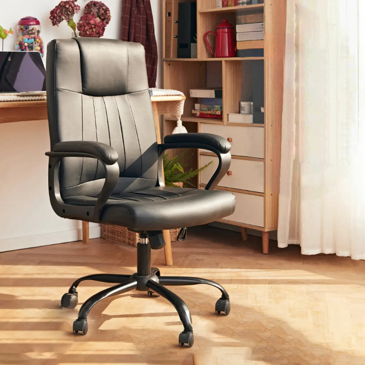 Adjustable Ergonomic High-Back Calfskin Office Chair Image - 2