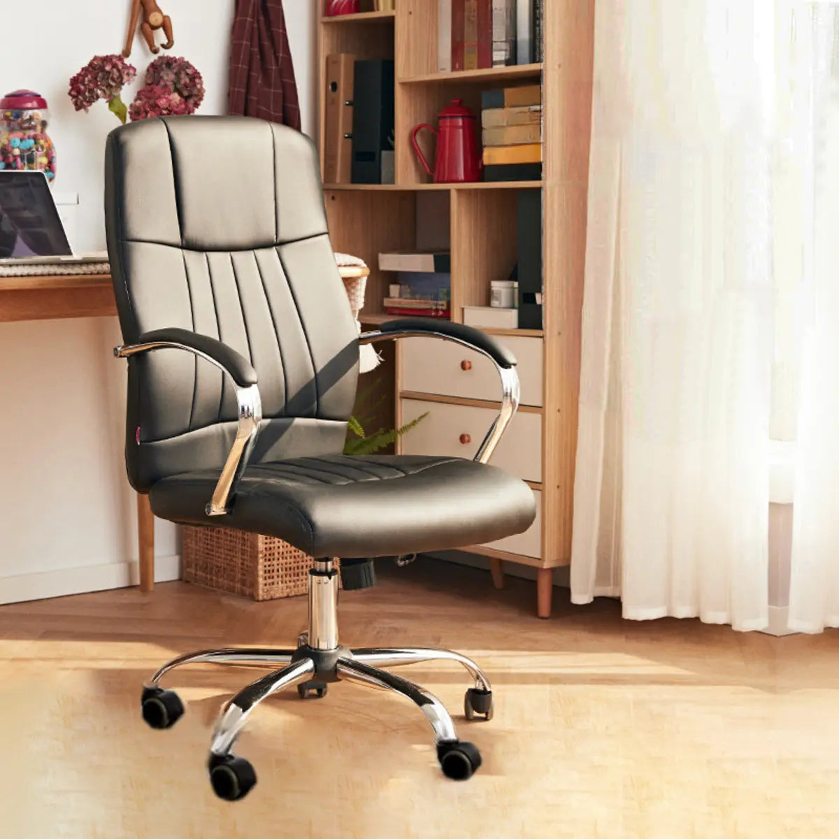 Adjustable Ergonomic High-Back Calfskin Office Chair Image - 3