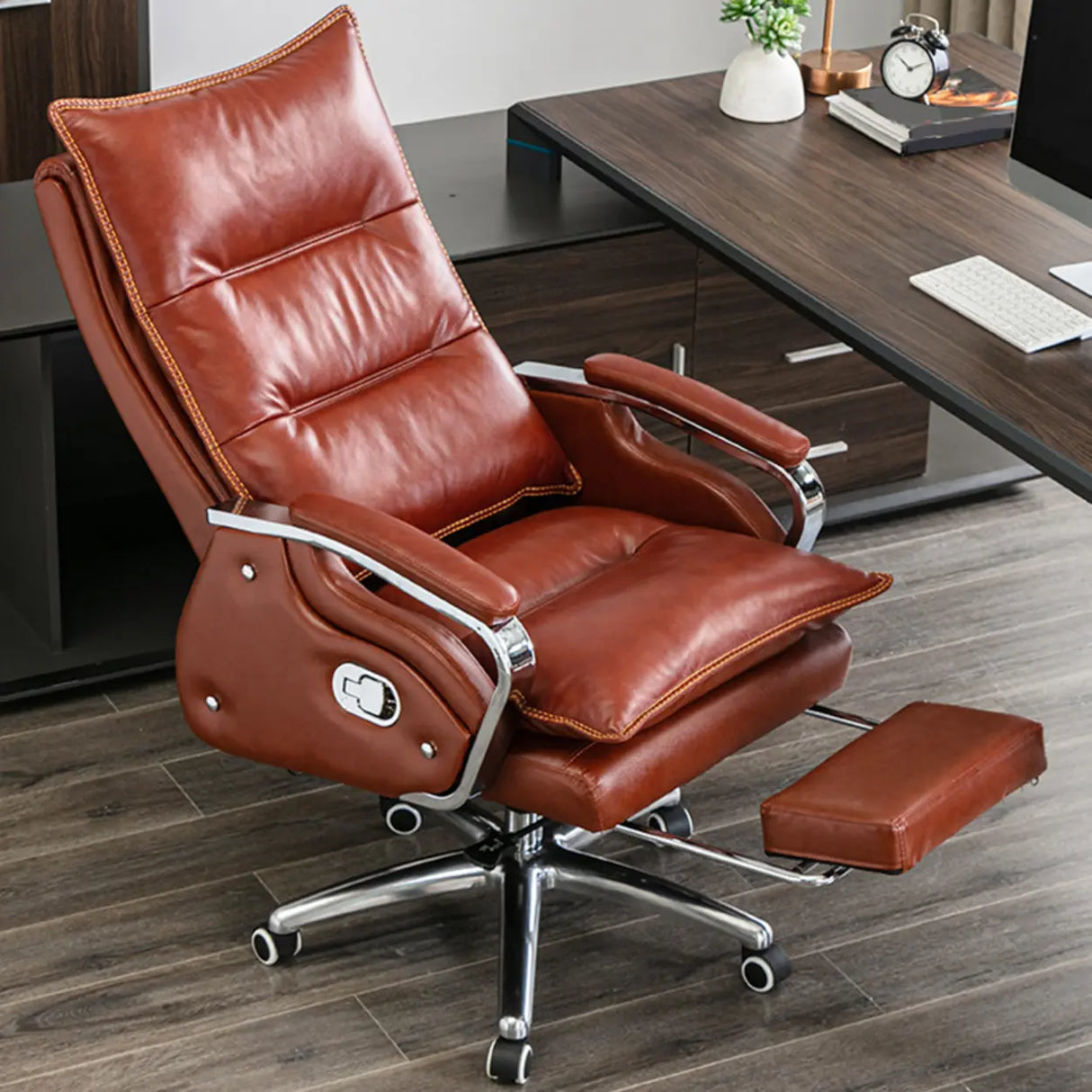 Adjustable Ergonomic Leather Swivel Recliner Office Chair Image - 1