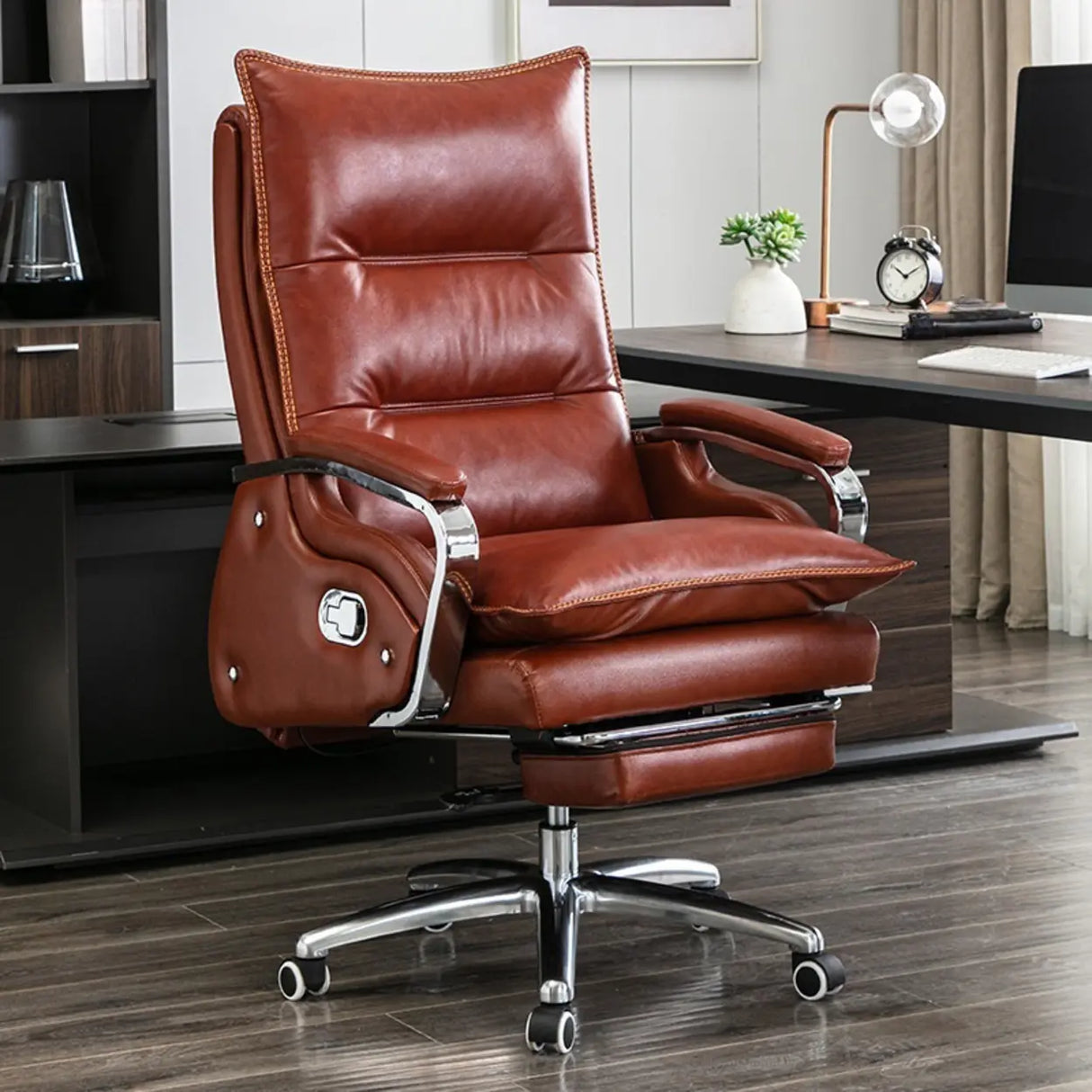 Adjustable Ergonomic Leather Swivel Recliner Office Chair Image - 3