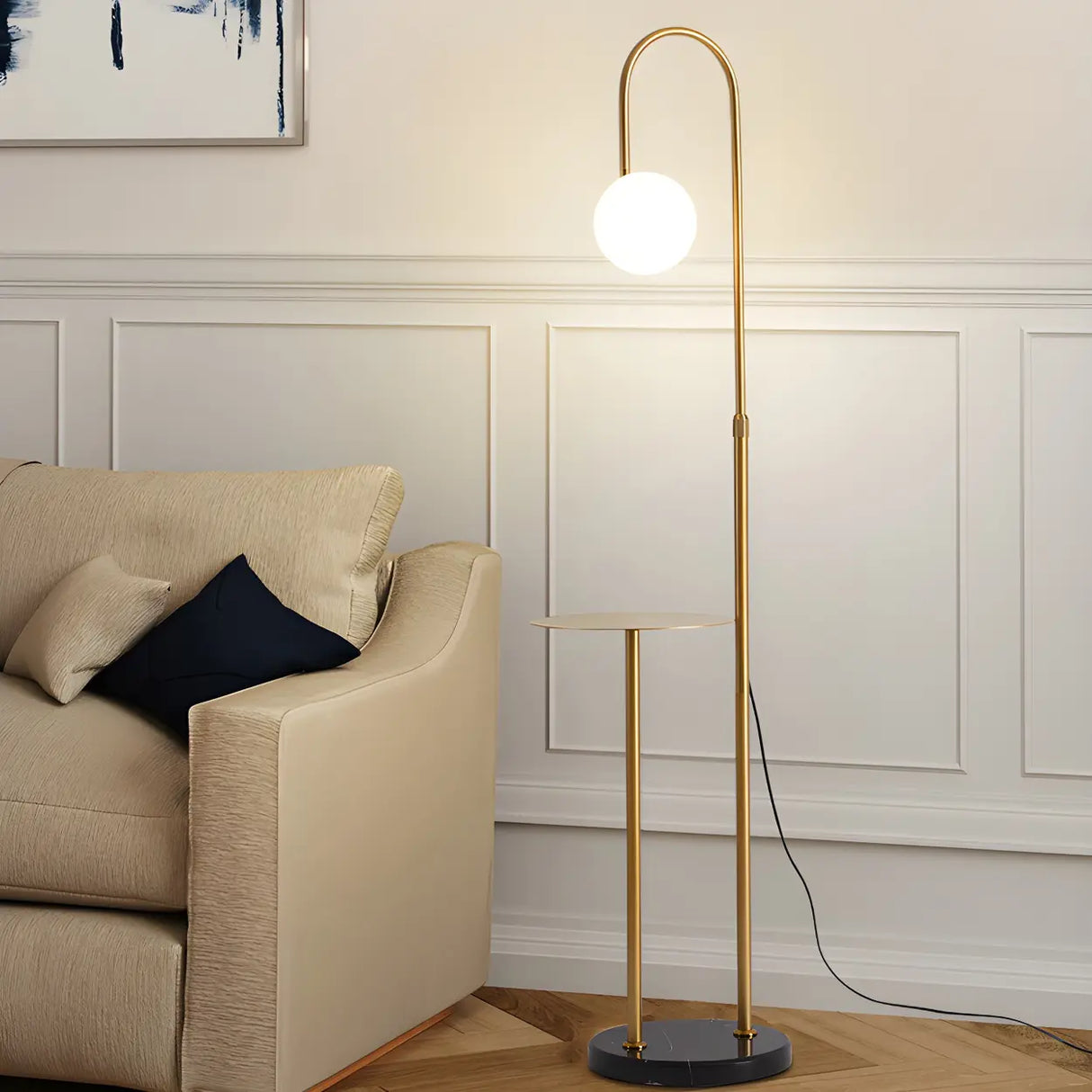 Adjustable Globe Modern Black Arc Floor Lamp with Shelf Image - 14