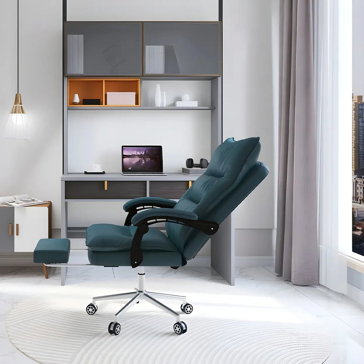 Adjustable Green Ergonomic Leather Headrest Office Chair Image - 1