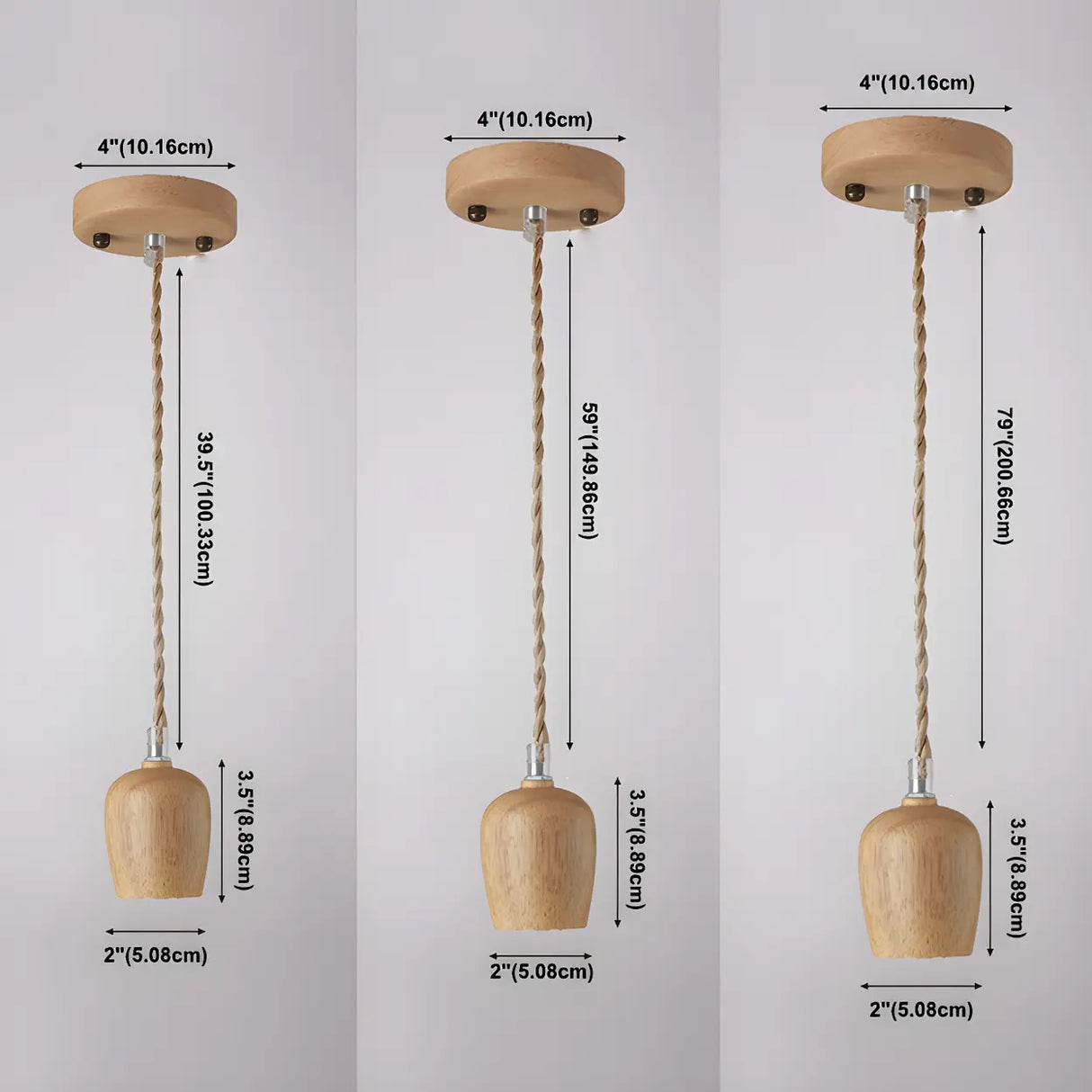 Adjustable Hanging Length Wood Shadeless Pendant Light 
