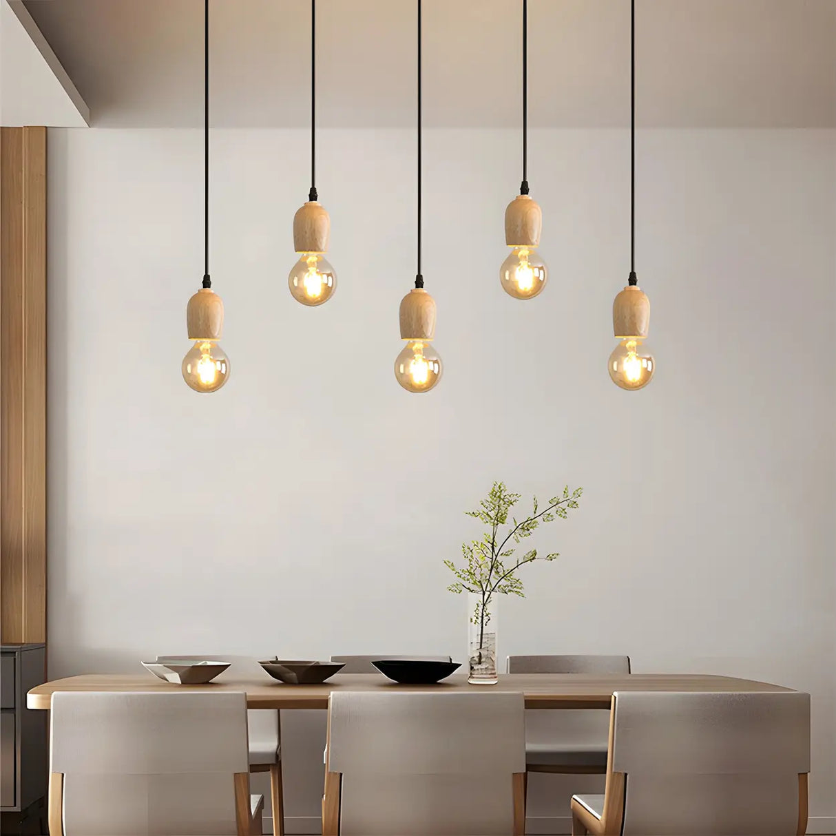 Adjustable Hanging Length Wood Shadeless Pendant Light Image - 4