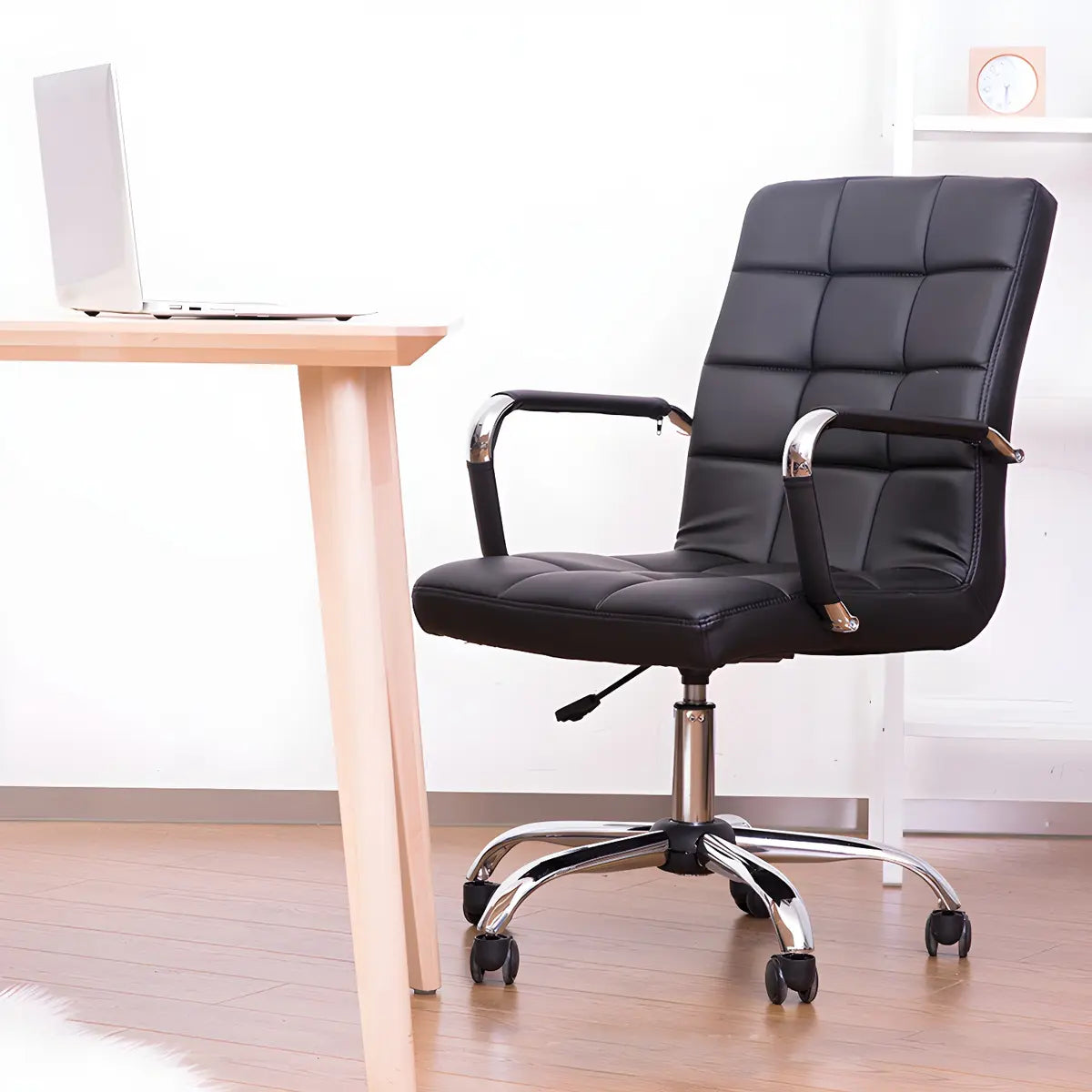 Adjustable Height Black Leather Swivel Office Chair Image - 1