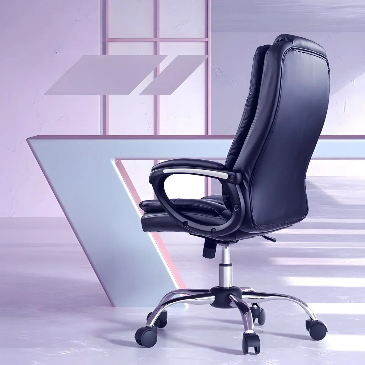 Adjustable Height Black Leather Swivel Office Chair Image - 4