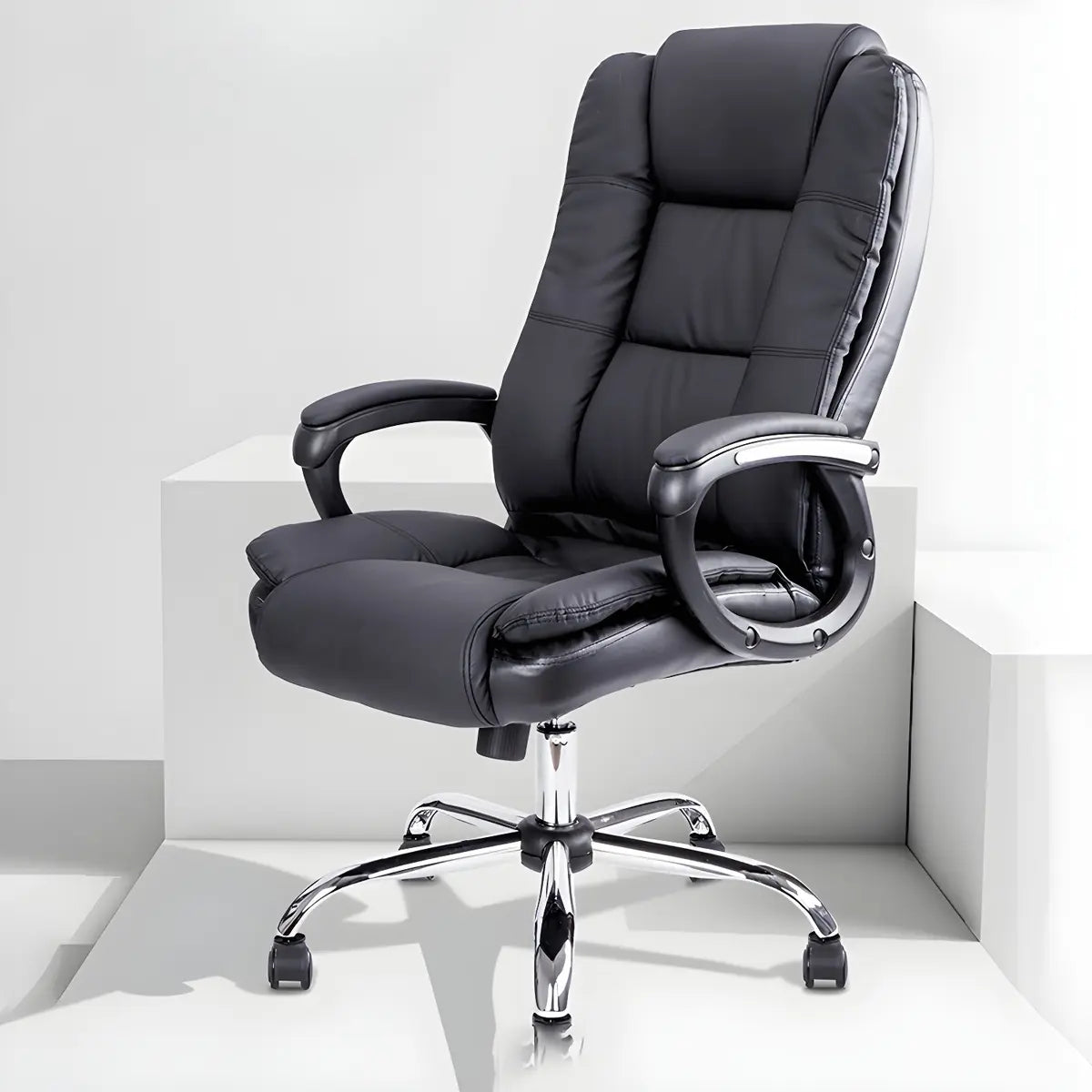 Adjustable Height Black Leather Swivel Office Chair Image - 6