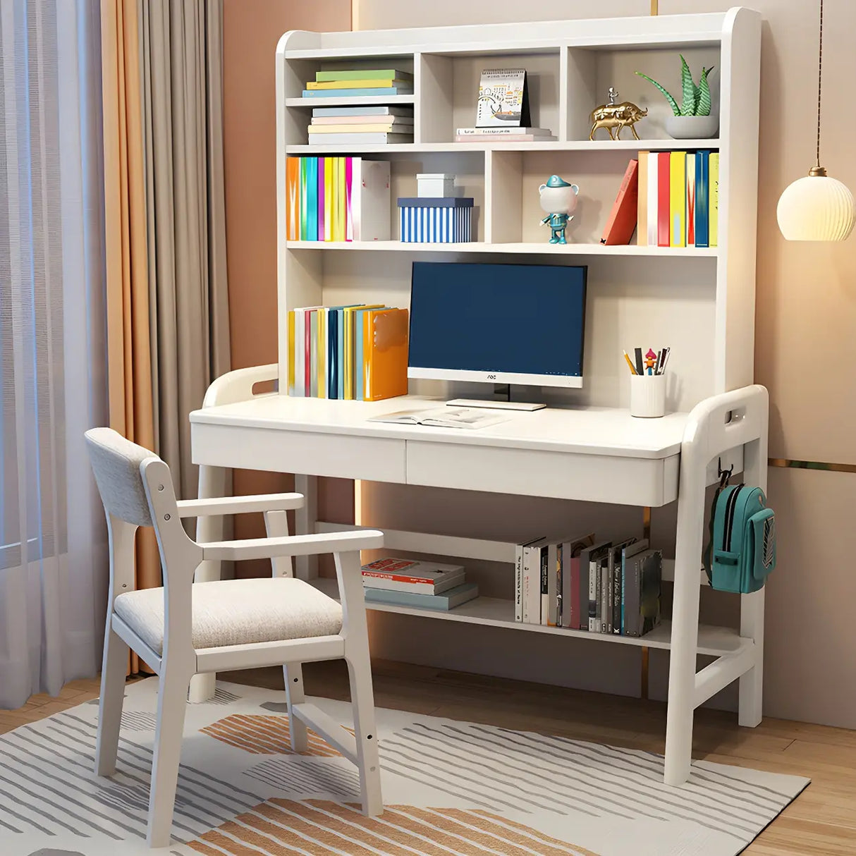Adjustable Height Wood H-Shape Writing Desk with Hutch Image - 1