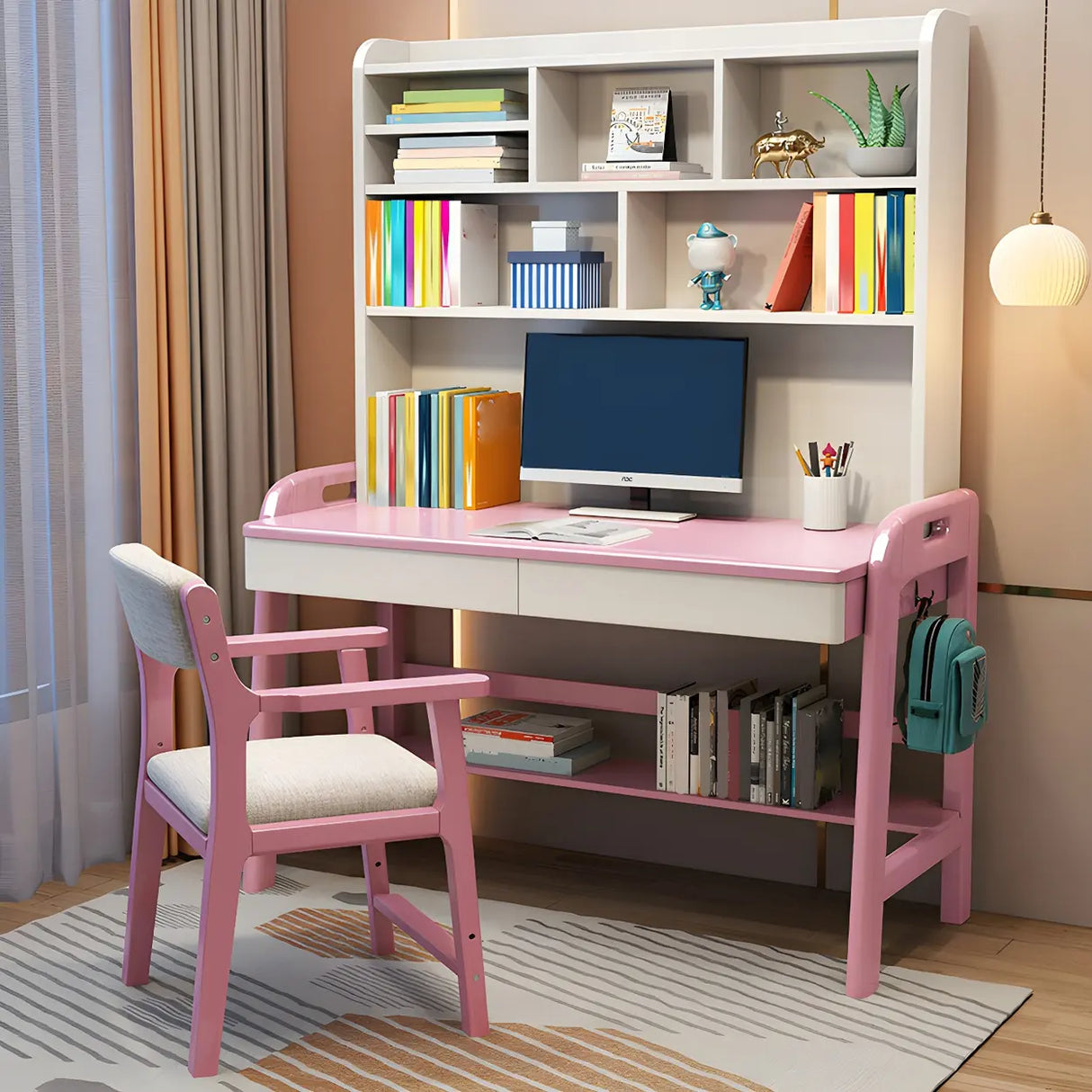 Adjustable Height Wood H-Shape Writing Desk with Hutch Image - 8