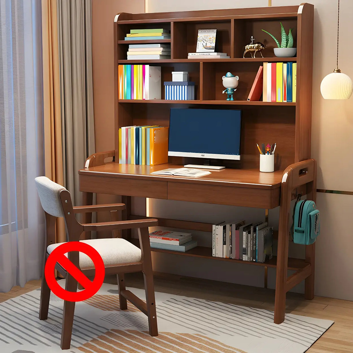 Adjustable Height Wood H-Shape Writing Desk with Hutch Image - 3