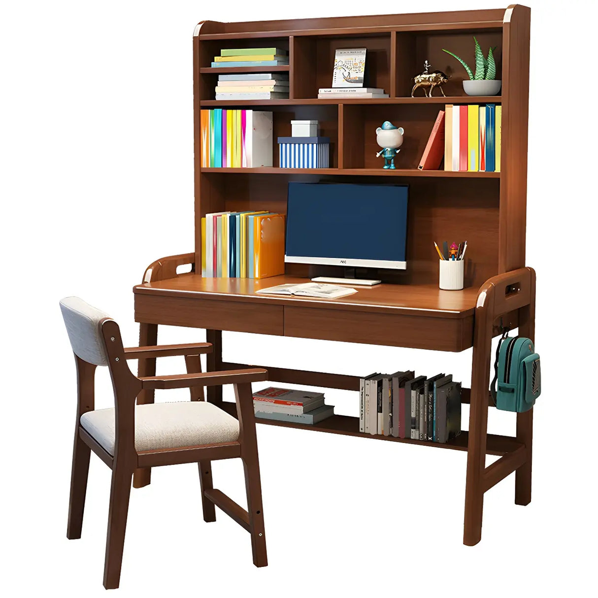 Adjustable Height Wood H-Shape Writing Desk with Hutch Image - 10