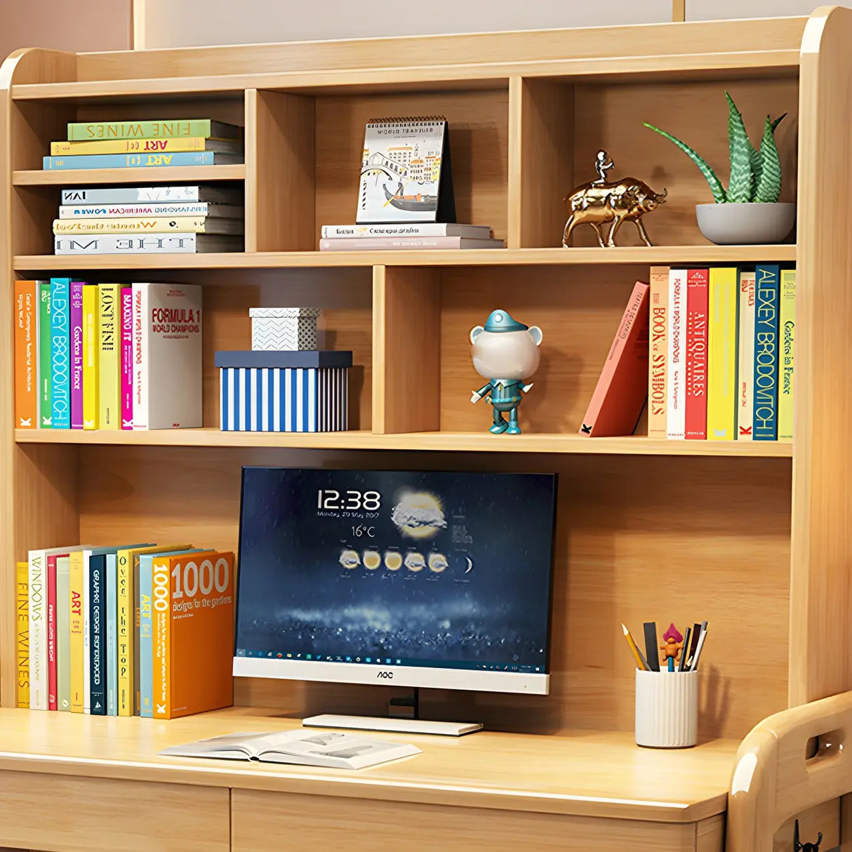 Adjustable Height Wood H-Shape Writing Desk with Hutch Image - 11