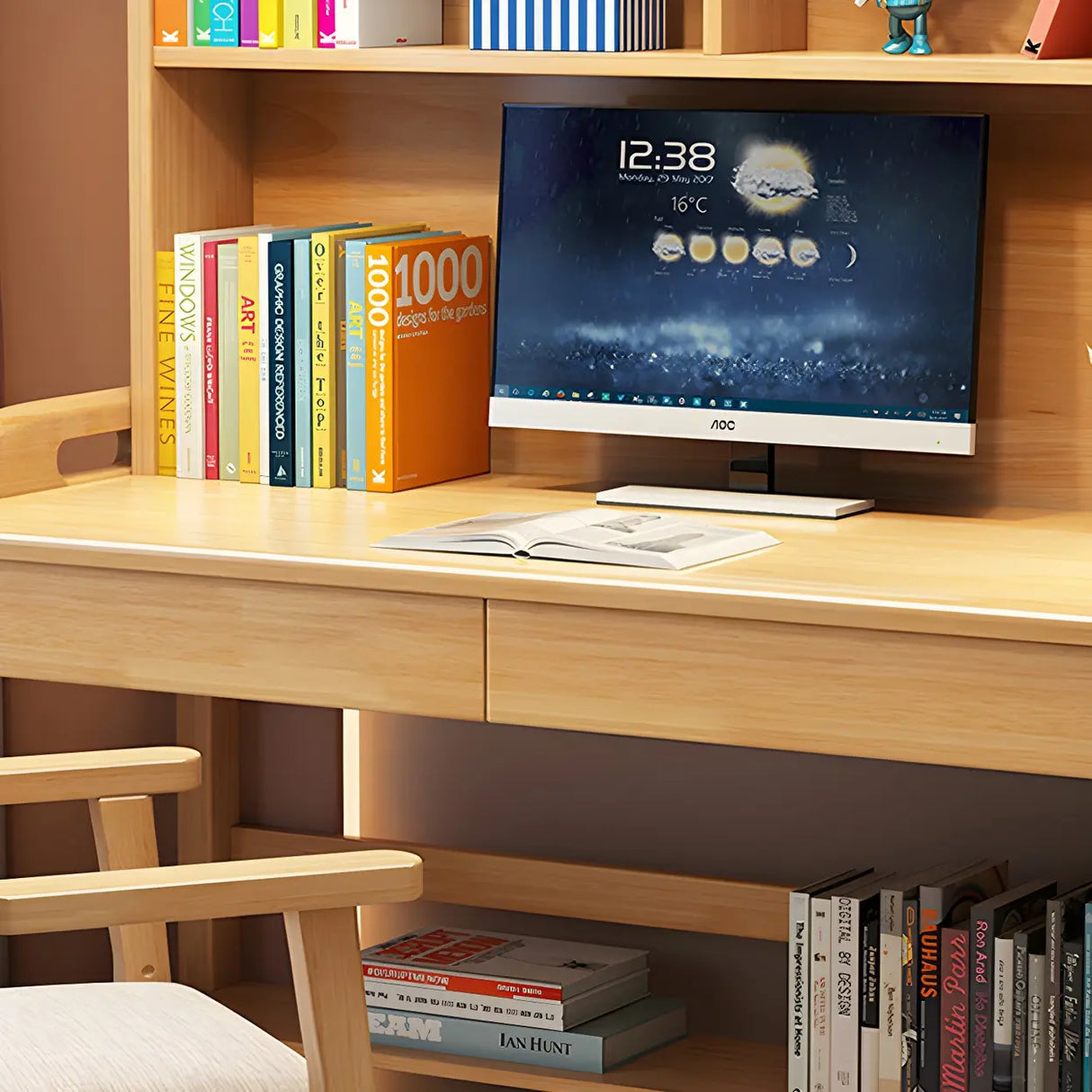 Adjustable Height Wood H-Shape Writing Desk with Hutch Image - 12