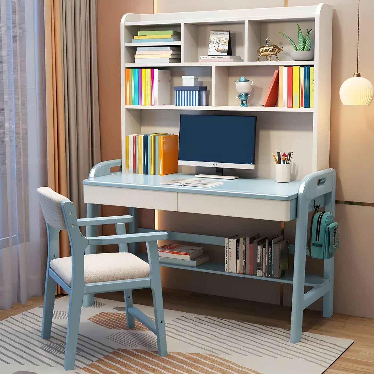 Adjustable Height Wood H-Shape Writing Desk with Hutch Image - 6