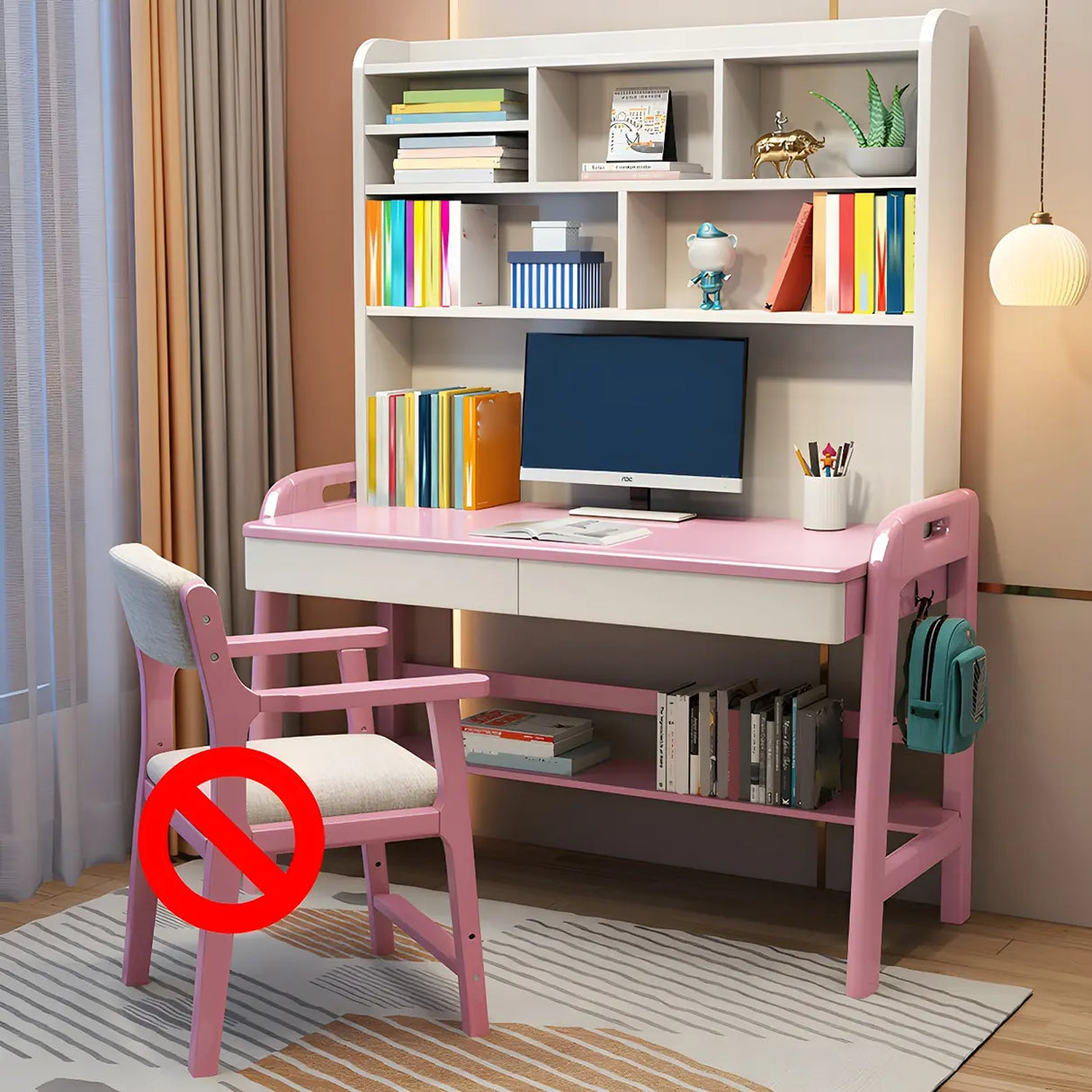 Adjustable Height Wood H-Shape Writing Desk with Hutch Image - 7