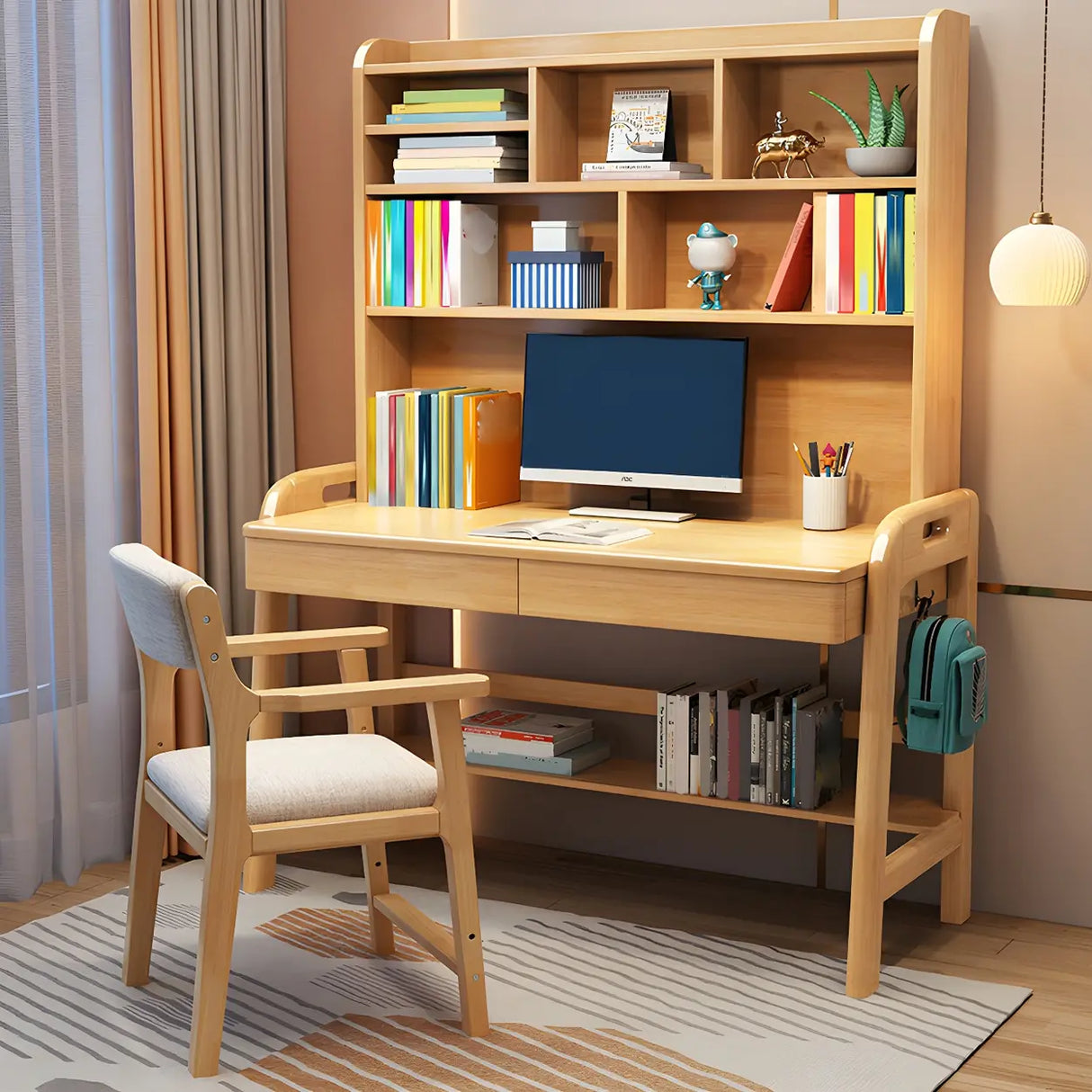 Adjustable Height Wood H-Shape Writing Desk with Hutch Image - 14