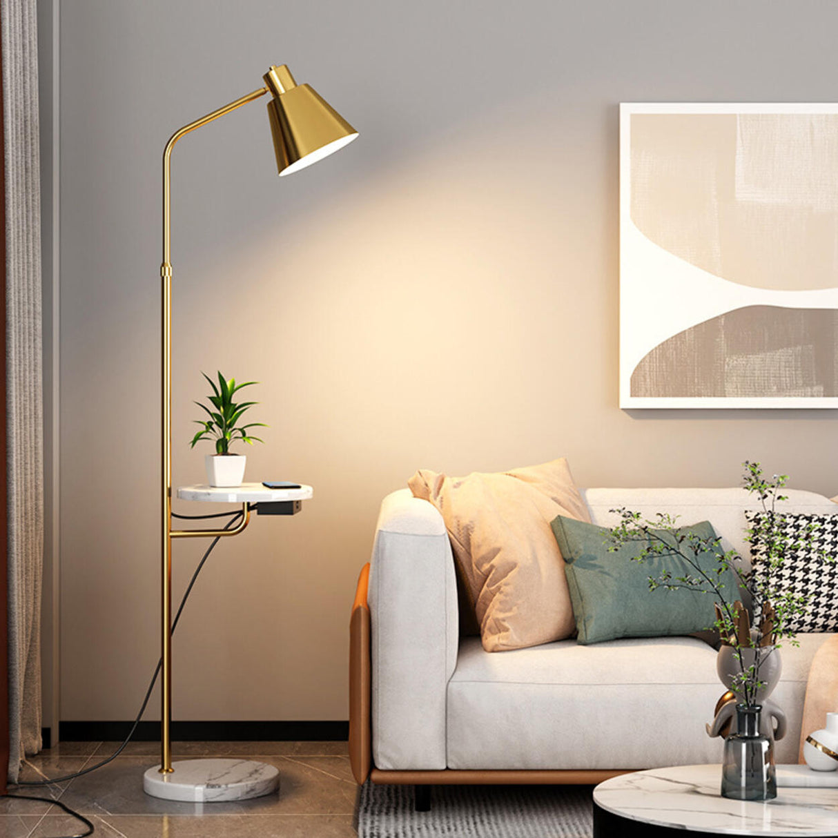 Adjustable Marble Side Table Modern Cone Floor Lamp Image - 4
