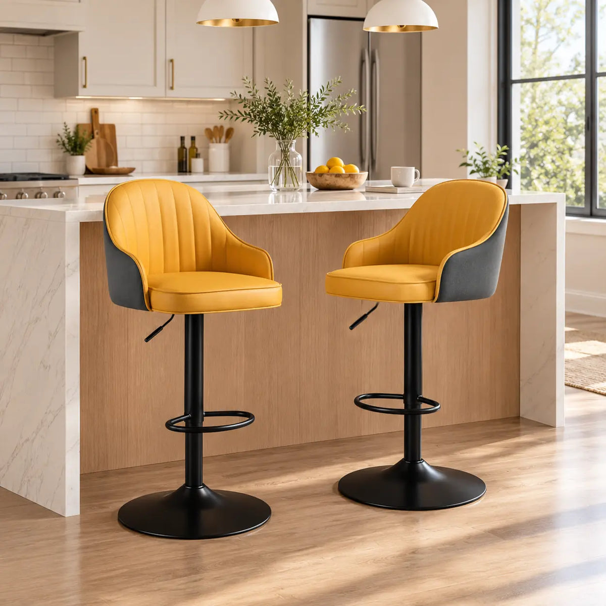 Adjustable Modern Leather Swivel Bar Stool with Arm Footrest Image - 1