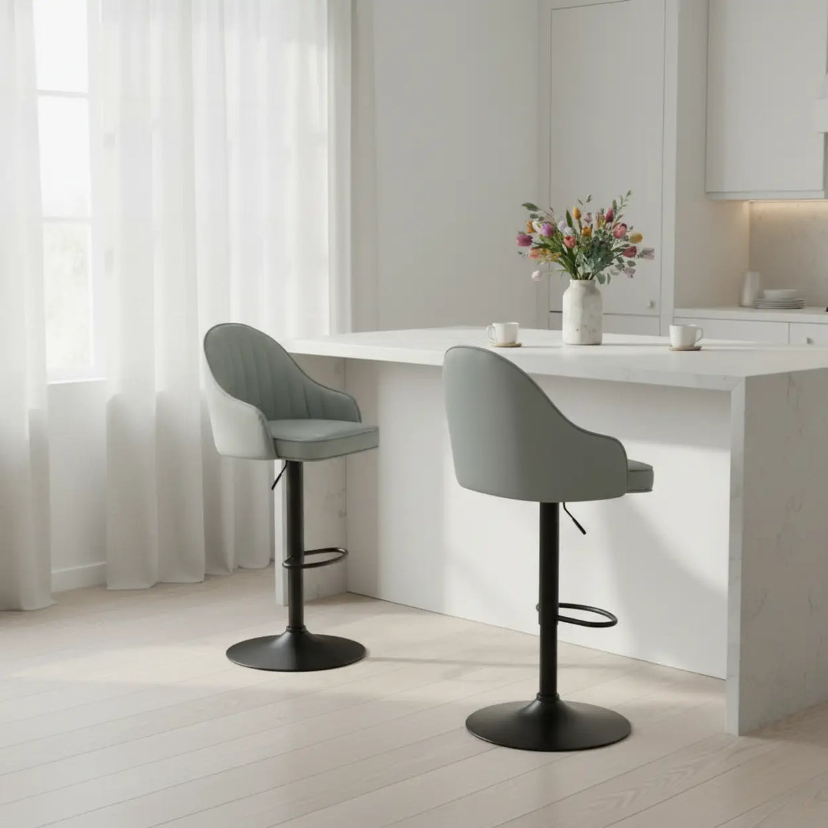 Adjustable Modern Leather Swivel Bar Stool with Arm Footrest Image - 4