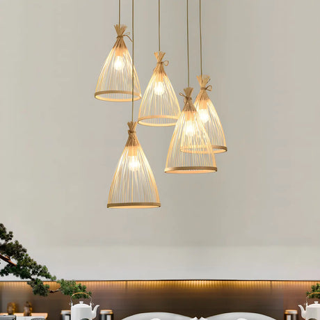 Adjustable Rattan Cone-Shaped Rope Pendant Light Image - 1
