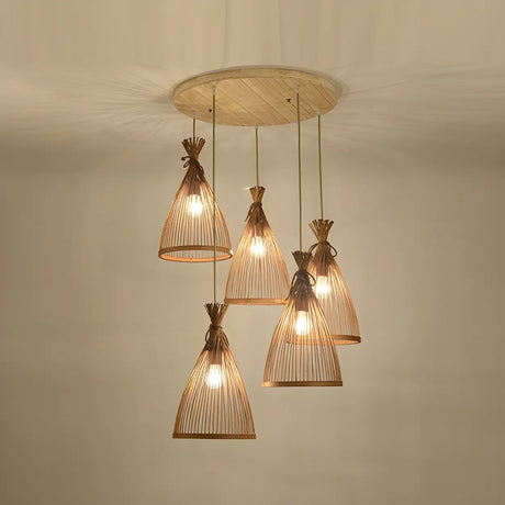 Adjustable Rattan Cone-Shaped Rope Pendant Light Image - 2